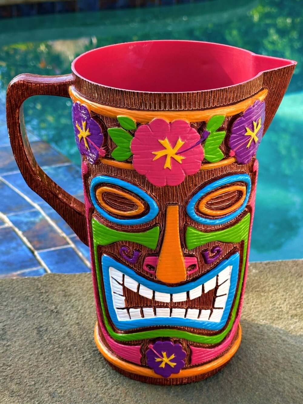 Amscan TIKI Hawaiian Pitcher Embossed Hard Plastic Painted Multi Color 66 Ounce